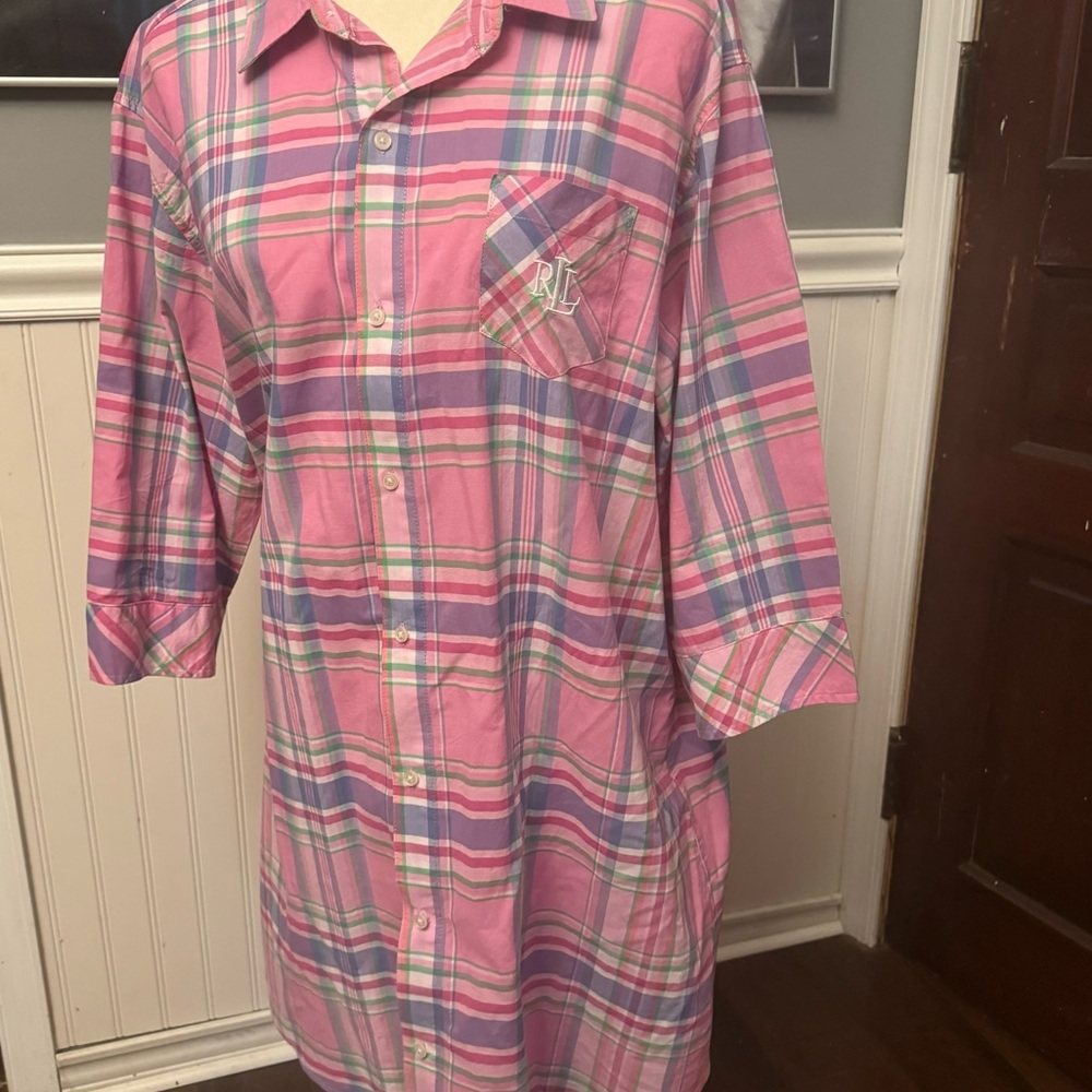 Lauren Ralph Lauren Pink Plaid Cotton Shirt Dress Embroidered LRL Monogram